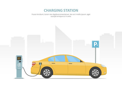 电动汽车充电从充电站在停车场。矢量图