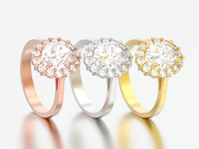 3d 插图三不同的黄金椭圆形光环钻石订婚结婚戒指灰色背景