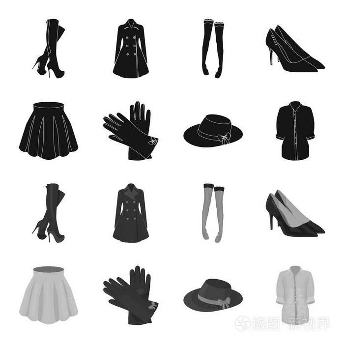 裙带褶皱, 真皮手套, 女式帽带弓, 衬衣扣紧。女装套装集合图标黑色, 单色式矢量符号股票插画网