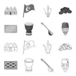 土耳其地毯, saz, 鼓, 土耳其人。土耳其设置集合图标的轮廓, 单色风格矢量符号股票插画网站