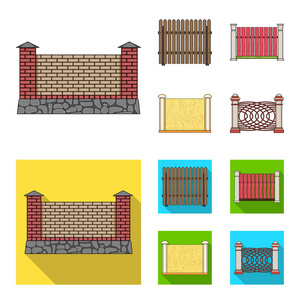 一块金属和砖块的栅栏, 木栅栏。一个不同的围栏集合图标在卡通, 平面风格矢量符号股票插画网站