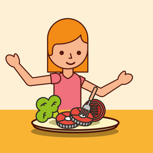 女孩卡通吃鱼西红柿花椰菜图片