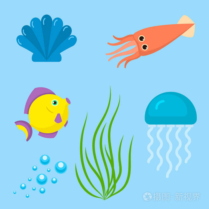 设置水生有趣的海洋动物水下生物卡通人物贝壳水族馆海洋生物矢量插图