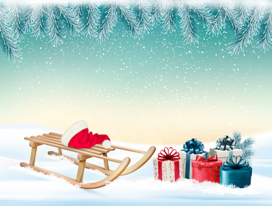 圣诞假期背景与礼物和雪橇。矢量