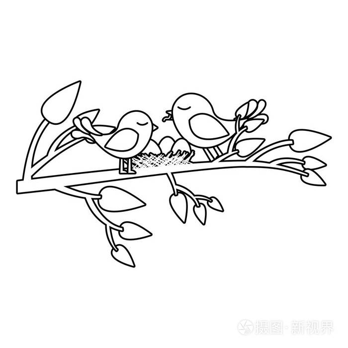 鸟和巢树分支中的单色剪影插画-正版商用图片0opl83-摄图新视界