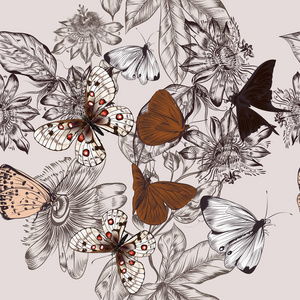 美丽的图案绘制的老式花与蝴蝶