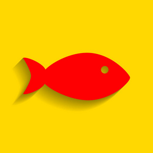 鱼签署的插图。矢量。与柔和的阴影，在金色的背景上的红色图标