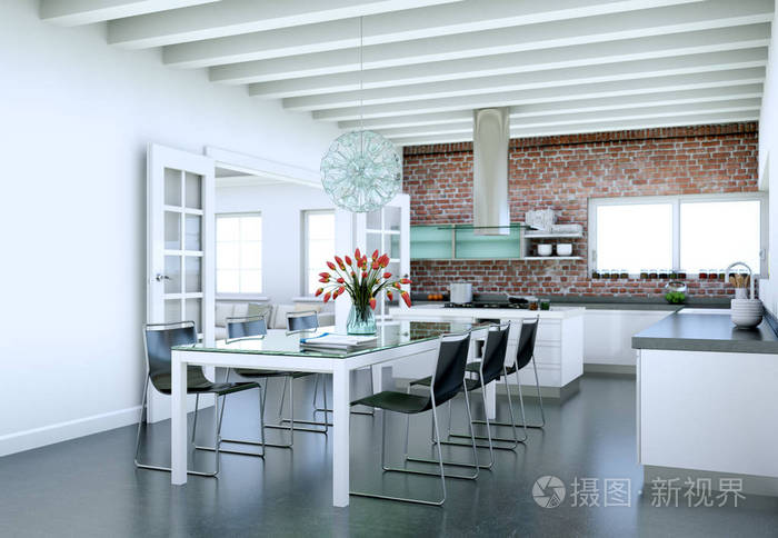 白色的现代厨房，在房子里有一个美丽的设计