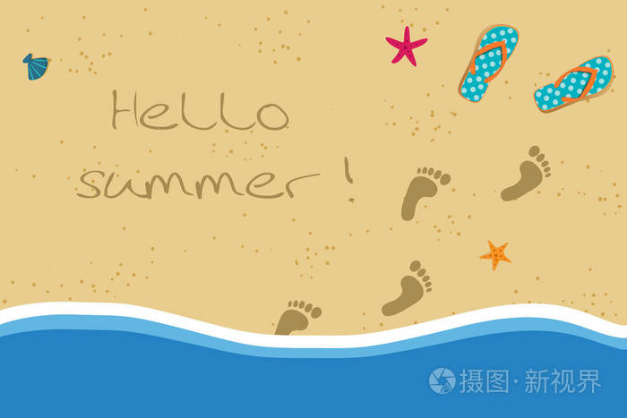 你好暑假矢量插图与一对翻转拖鞋和人赤脚脚印在沙子进入水.
