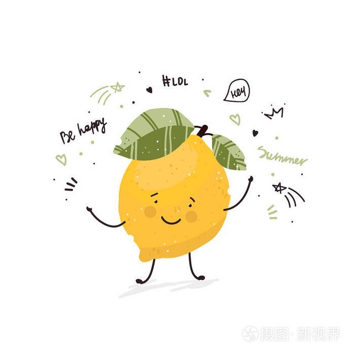 柠檬果可爱卡通涂鸦素描插图夏季卡打印t恤设计现代平面风格手绘矢量