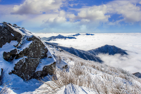 在冬天，韩国被晨雾覆盖 Seoraksan 山