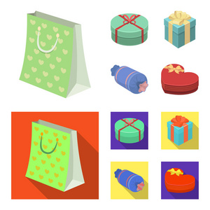 礼品盒带弓, 礼品袋。礼品和证书集合图标在卡通, 平面风格矢量符号股票插画网站