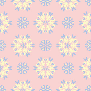粉红色花卉无缝图案, 配以淡蓝色和黄色花元素, 用于墙纸纺织品和织物