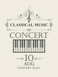 古典音乐音乐会的矢量海报以复古风格的钢琴按键为背景