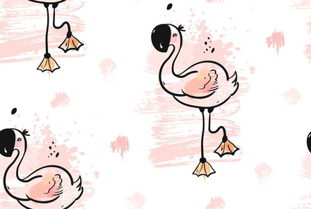 手绘制的矢量抽象创意不寻常热带可爱无缝模式与粉红色的火烈鸟在柔和的颜色，白色背景上分离。婚礼，生日，保存日期 时装面料 装饰