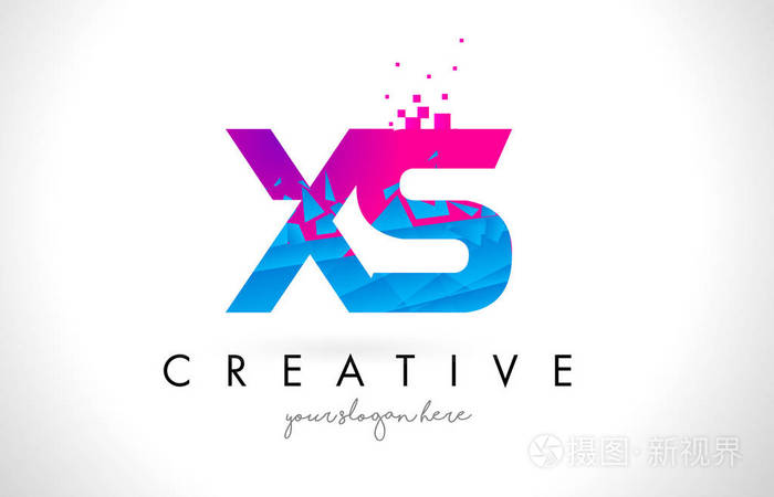 xs x s 字母标志与粉碎破碎蓝色粉红色纹理设计