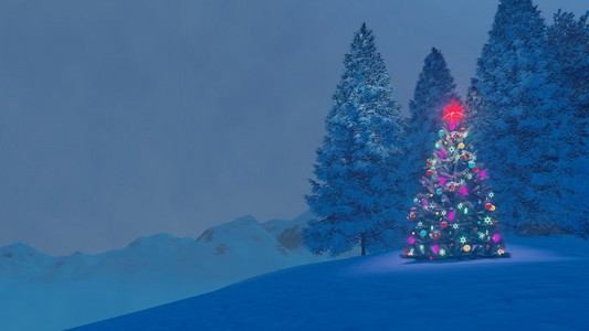在冬天的夜晚装饰圣诞树在山顶上