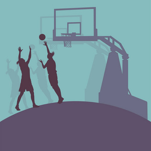 女子篮球赛在行动上与篮球箍矢量