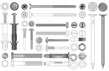向量集的现实和线螺母 螺栓 螺钉和铆钉