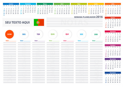 2016年葡萄牙周计划日历矢量设计模板