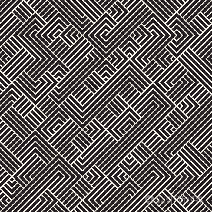带条纹的抽象几何图案.矢量无缝背景.黑白线性格子纹理
