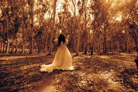 可怕的女人在树林里，鬼新娘在闹鬼的森林里