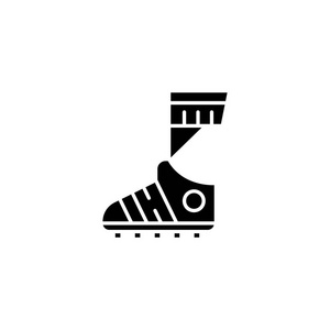 足球靴黑色图标概念。足球靴平面矢量符号, 符号, 插图
