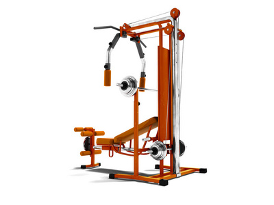 现代橙色运动训练器具与黑插入为力量装载腿和手3d 渲染在白色背景与阴影