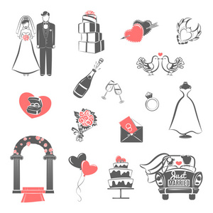 婚礼概念黑色红色图标设置
