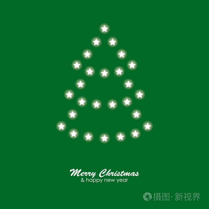 圣诞贺卡与树的绿色背景上的星星