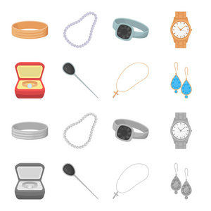 在一个案件, 头发剪辑, 耳环与石头, 一个十字链上的戒指。珠宝首饰及配件集合图标在卡通, 单色风格矢量符号股票插画网站