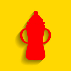 婴儿瓶标志。矢量。与柔和的阴影，在金色的背景上的红色图标
