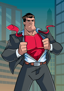 蒙面超人英雄在城市的掩护下照片