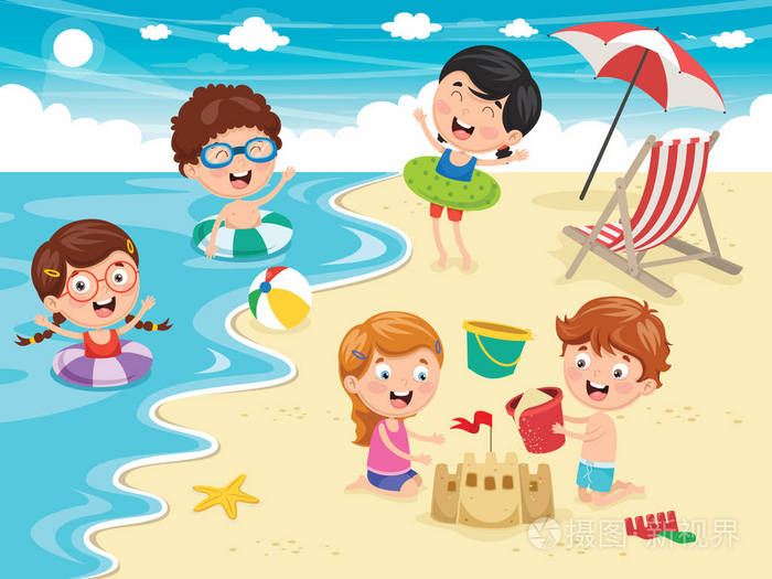 在海滩和海上玩耍的孩子的矢量 ilustration插画-正版商用图片0oqr58