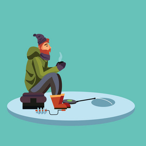 平的渔夫帽坐在自旋钓鱼杆袋在手和渔夫渔桶钩编进冰洞等大鱼有趣的矢量图，男人活动横幅概念的自旋