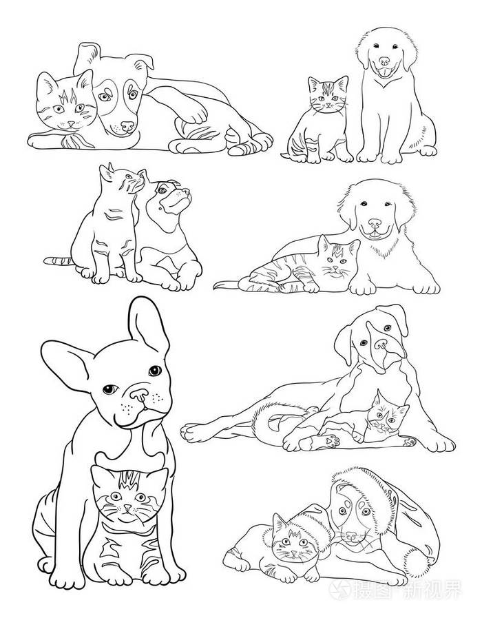 插画 狗和猫线艺术.向量, 插图.