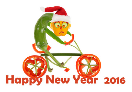 在自行车上的滑稽胡椒。新年快乐
