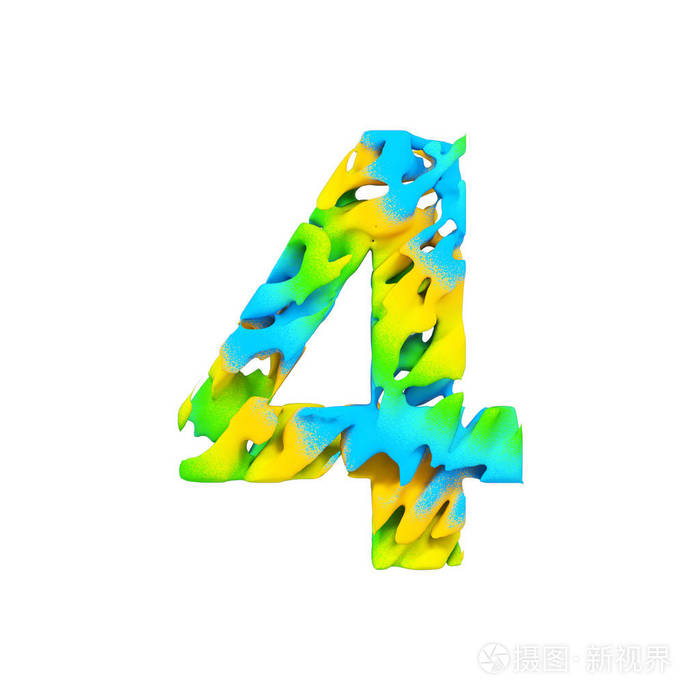 字母数字4液体字体由蓝色绿色和黄色飞溅油漆制成3d渲染在白色背景下