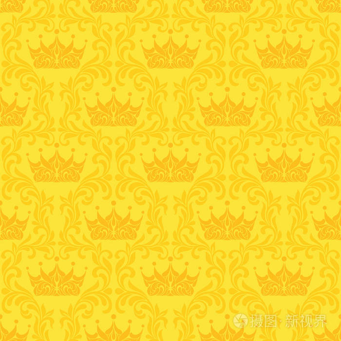 皇家的无缝模式皇冠及花卉复古花纹在黄色背景上