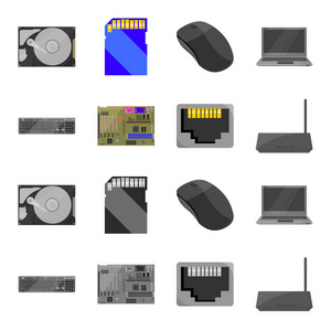 键盘路由器主板和连接器。个人计算机集合图标在卡通, 单色风格矢量符号股票插画网站