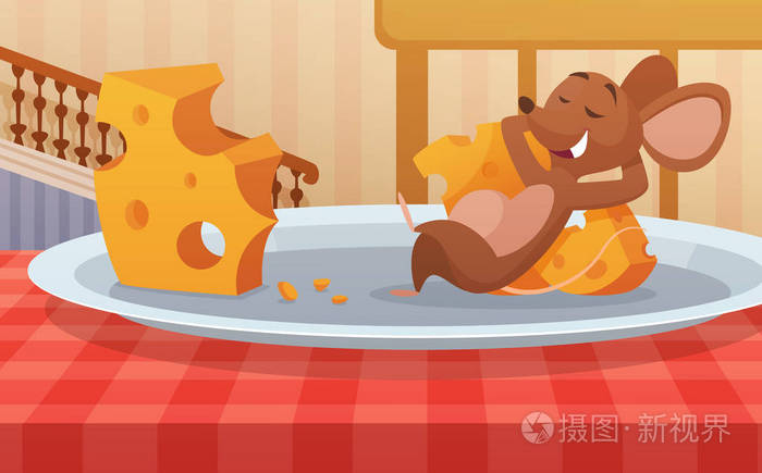 老鼠坐在盘子里吃奶酪.滑稽卡通人物