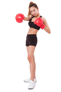 健身女人戴着拳击手套