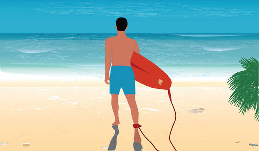 冲浪者漫步在沙滩上, 用海浪的波浪在沙滩上散步矢量插画。旅游海报