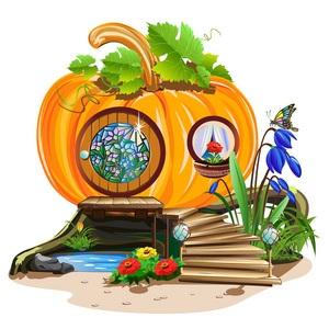 一个小南瓜屋, 有一扇圆形的门, 还有彩绘玻璃窗.童话矢量插画照片