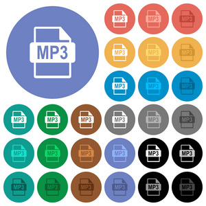 Mp3 文件格式圆形背景上的多色平面图标。包括白色浅色和深色图标, 用于悬停和活动状态效果, 以及黑色 backgounds 