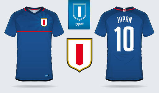 足球球衣或足球套件模板设计日本国家足球队。前后观看足球制服。主场和客场足球 t恤模拟与平面标志设计。矢量插图