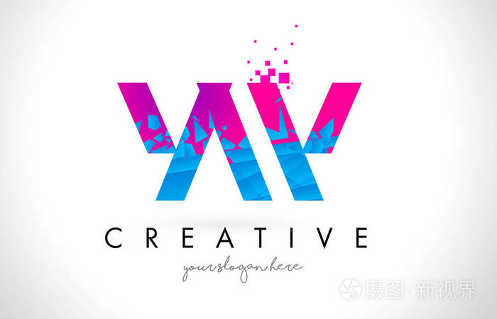 yw y w 字母徽标与粉碎破碎蓝色粉红色纹理设计