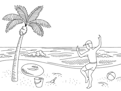 海岸剪影海海岸海滩图黑白色风景快乐跳跃男孩剪影例证向量照片