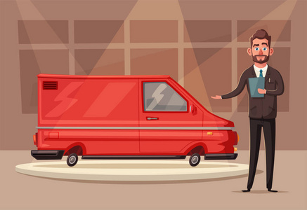 出售一辆新车.汽车陈列室的卖家展示了这辆车.矢量卡通插画照片