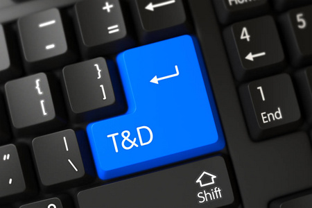 Tandd 的蓝色键盘按钮的特写。3d